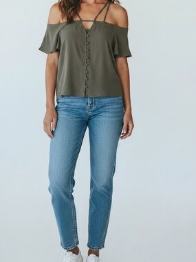 Express Olive Off-Shoulder Button-Front Blouse